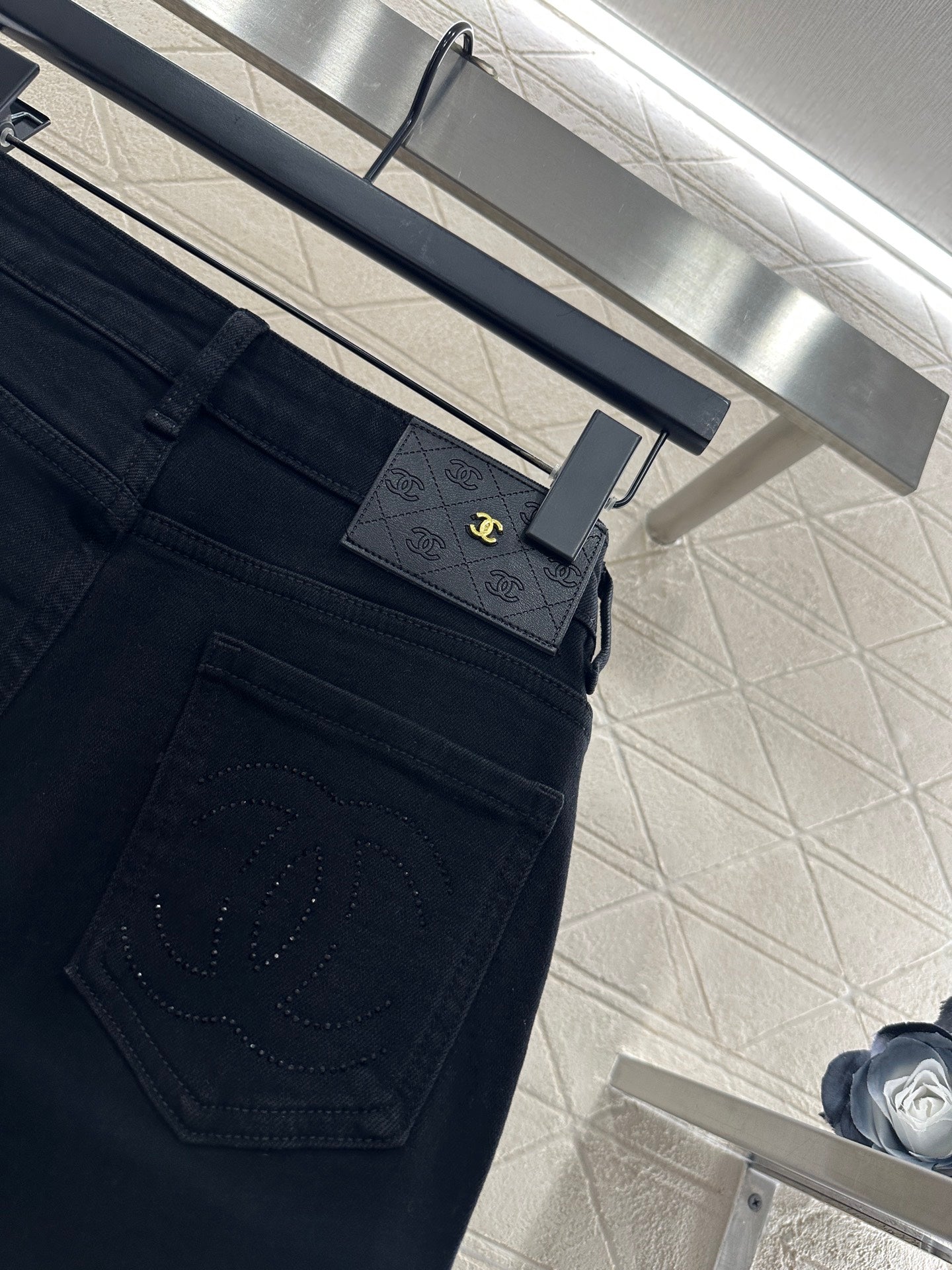 Suede and rhinestone slim fit jeans