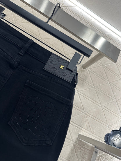 Suede and rhinestone slim fit jeans