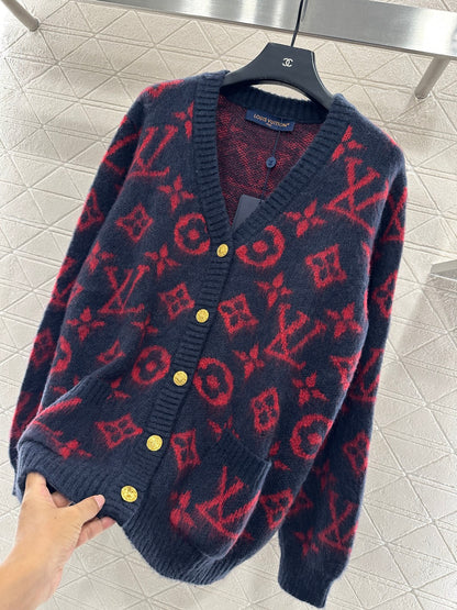 V-neck jacquard knitted cardigan