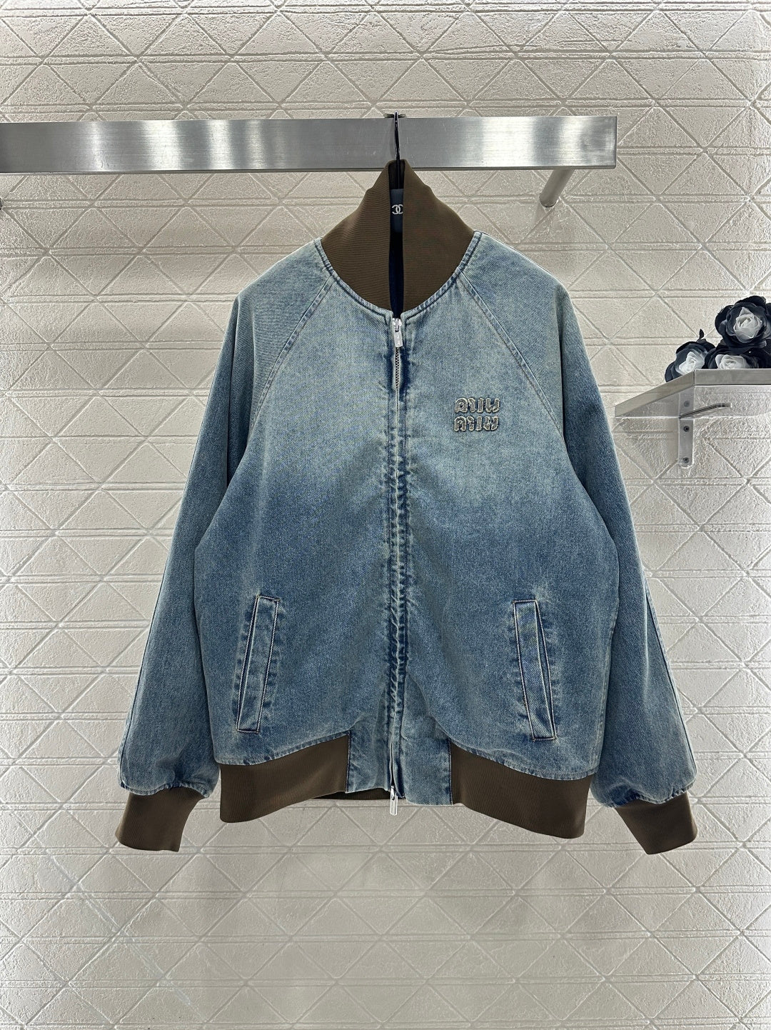 Color blocked threaded zipper denim cotton jacket