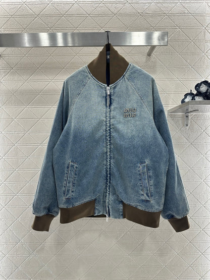Color blocked threaded zipper denim cotton jacket