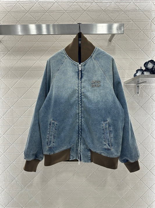 Color blocked threaded zipper denim cotton jacket