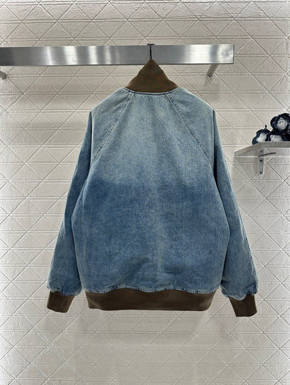 Color blocked threaded zipper denim cotton jacket