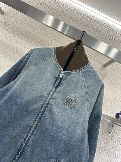 Color blocked threaded zipper denim cotton jacket