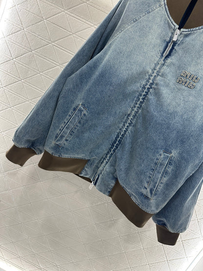 Color blocked threaded zipper denim cotton jacket