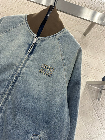 Color blocked threaded zipper denim cotton jacket