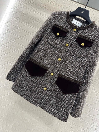 Round neck tied edge woven dress jacket