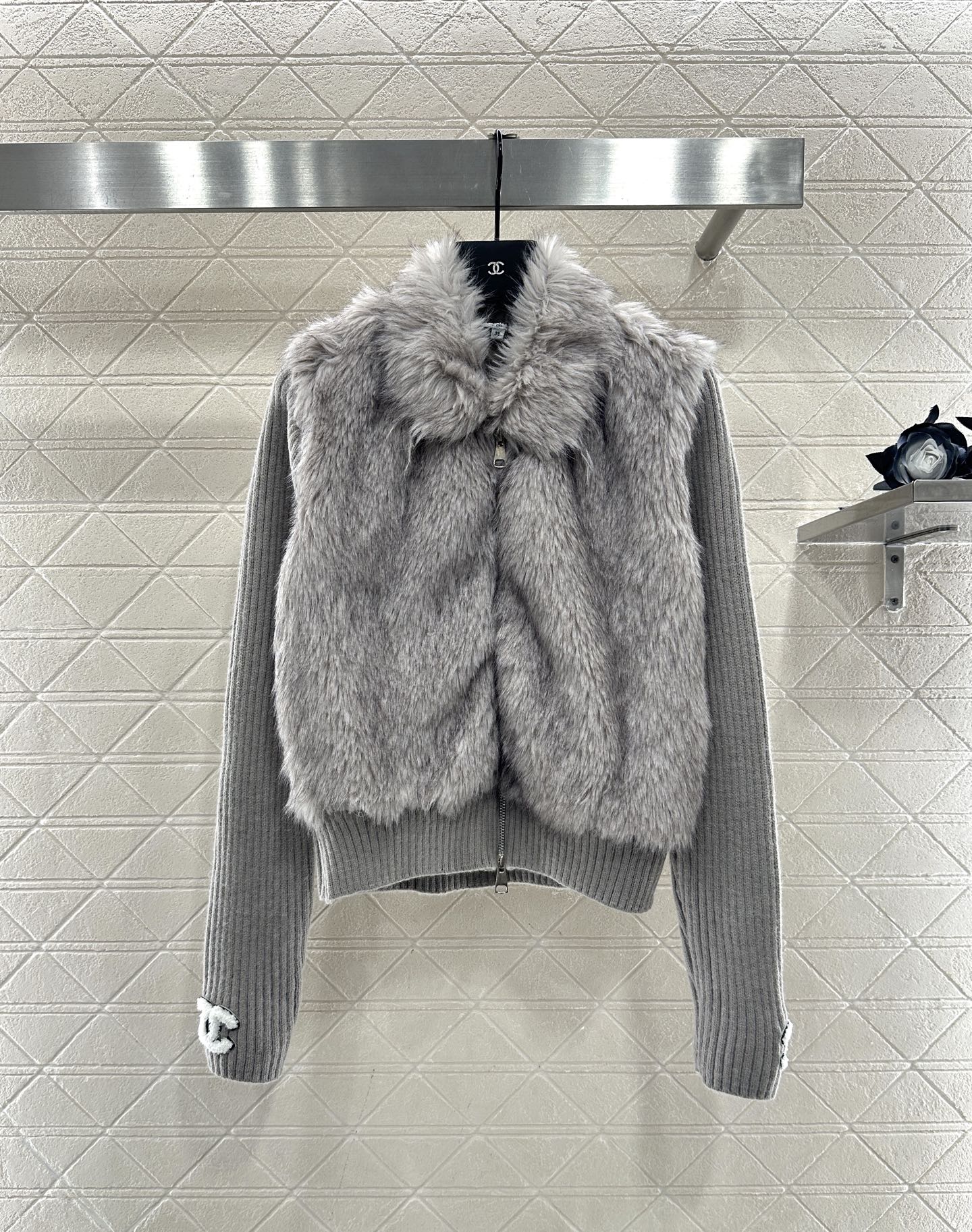 Knitted patchwork lapel fur jacket