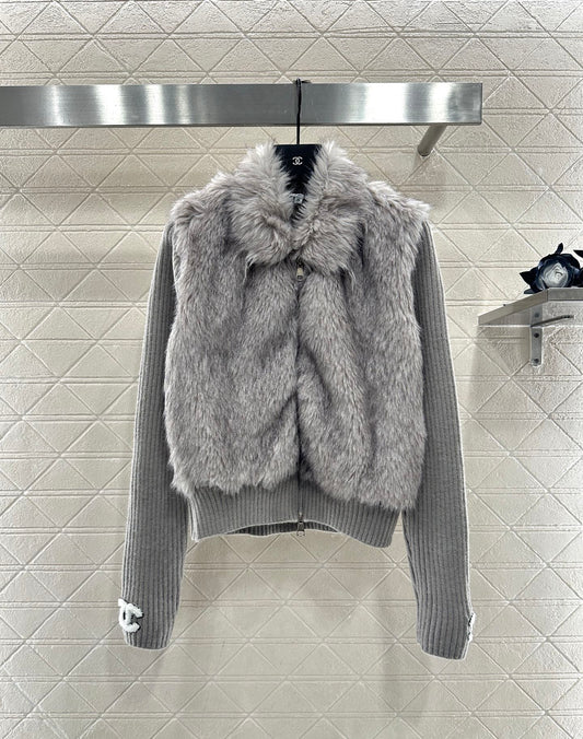 Knitted patchwork lapel fur jacket