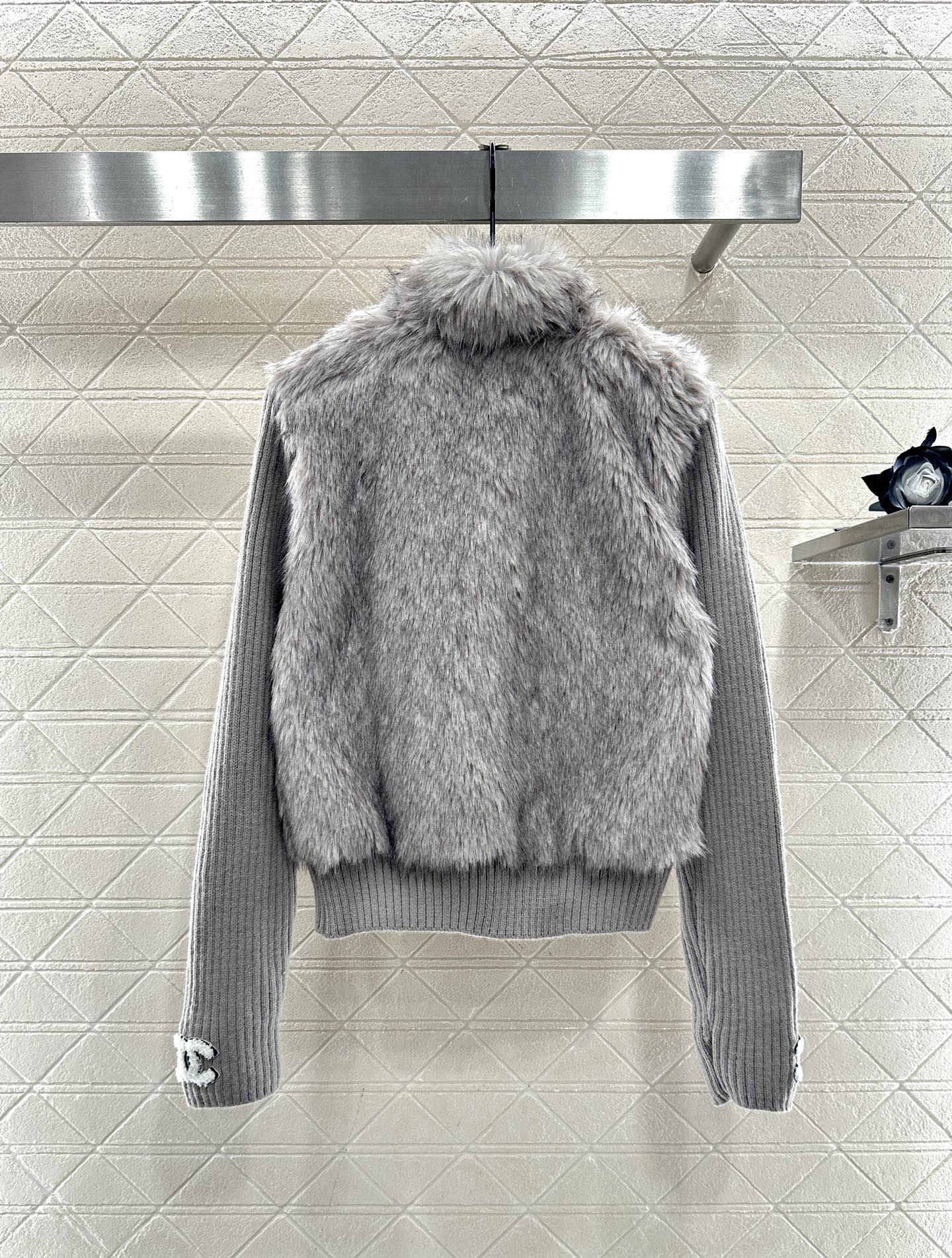 Knitted patchwork lapel fur jacket