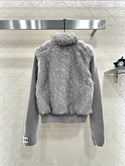 Knitted patchwork lapel fur jacket