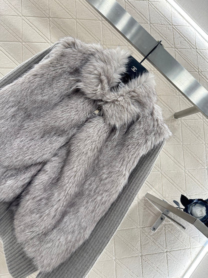 Knitted patchwork lapel fur jacket