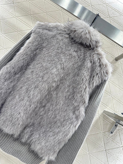 Knitted patchwork lapel fur jacket