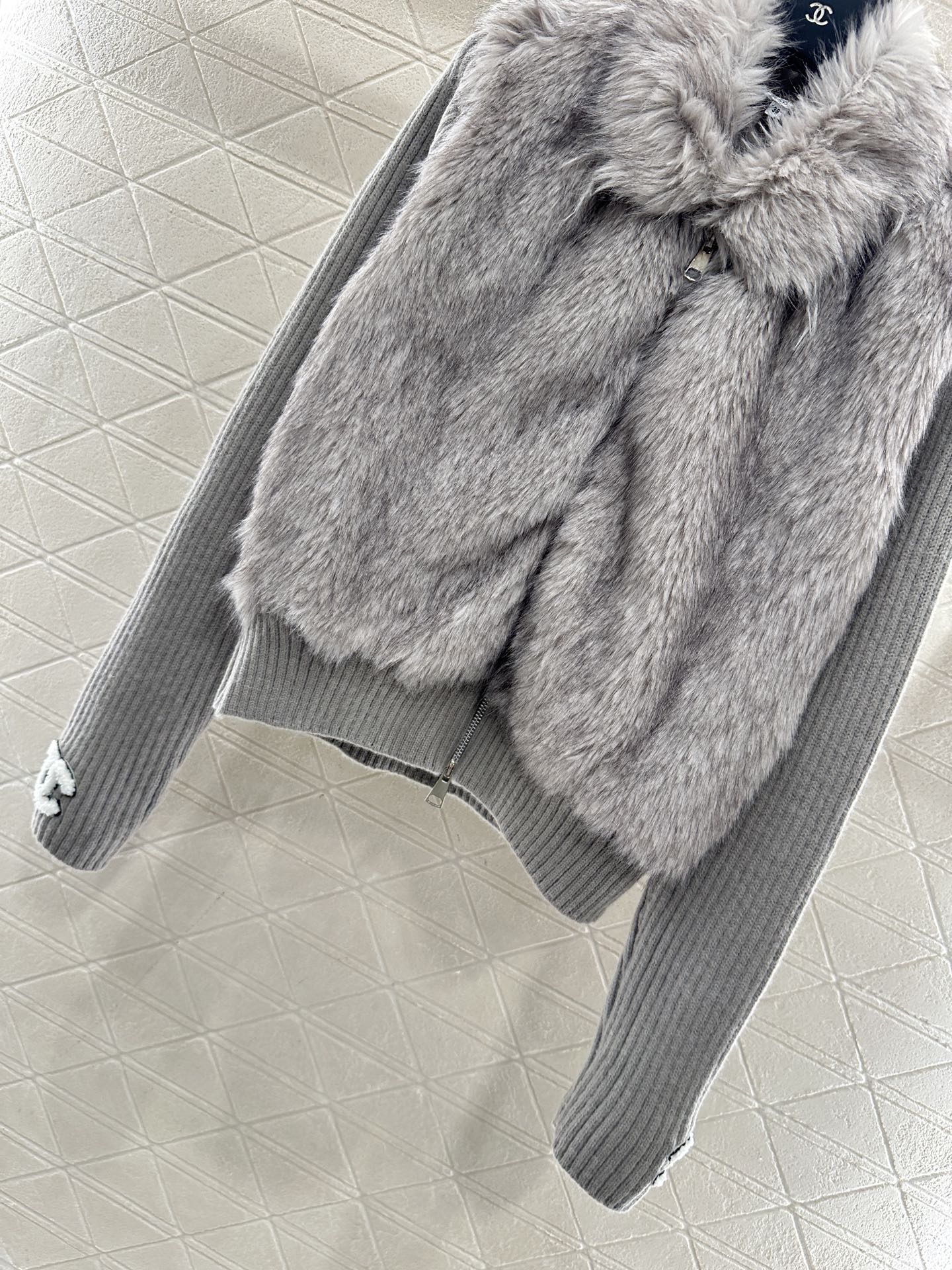 Knitted patchwork lapel fur jacket