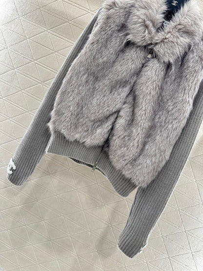 Knitted patchwork lapel fur jacket