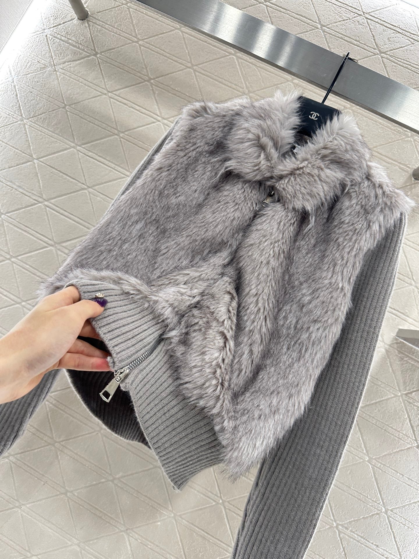 Knitted patchwork lapel fur jacket