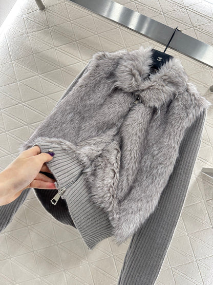 Knitted patchwork lapel fur jacket