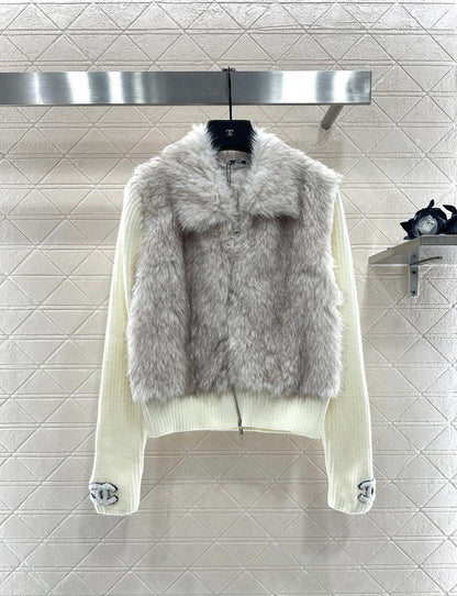 Knitted patchwork lapel fur jacket