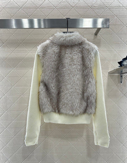 Knitted patchwork lapel fur jacket
