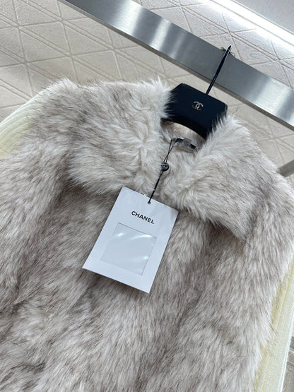 Knitted patchwork lapel fur jacket