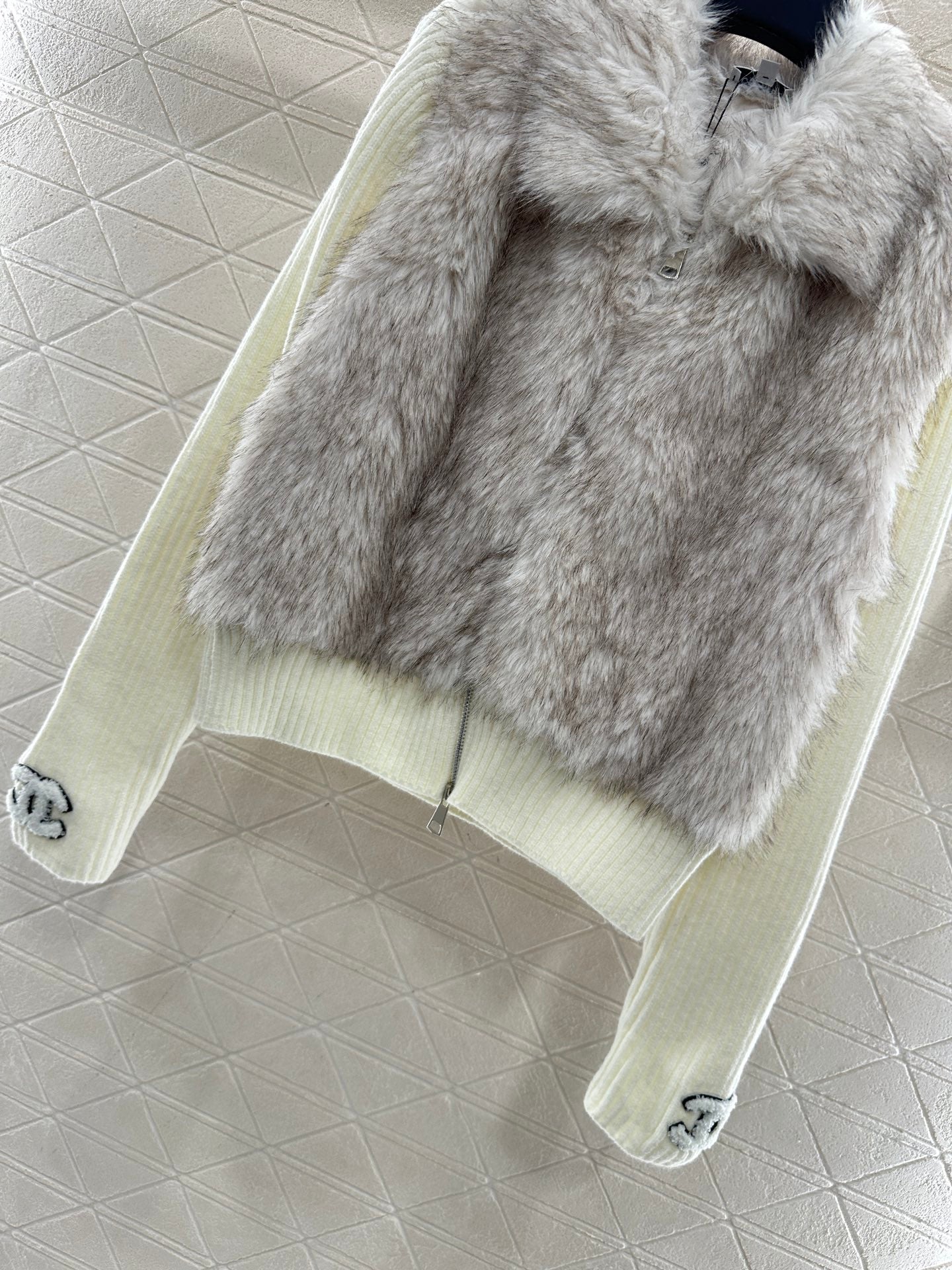 Knitted patchwork lapel fur jacket