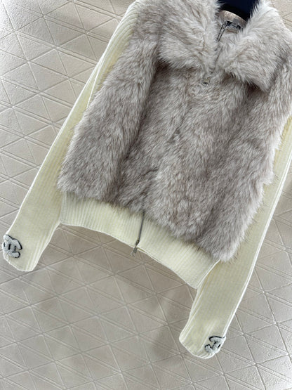 Knitted patchwork lapel fur jacket