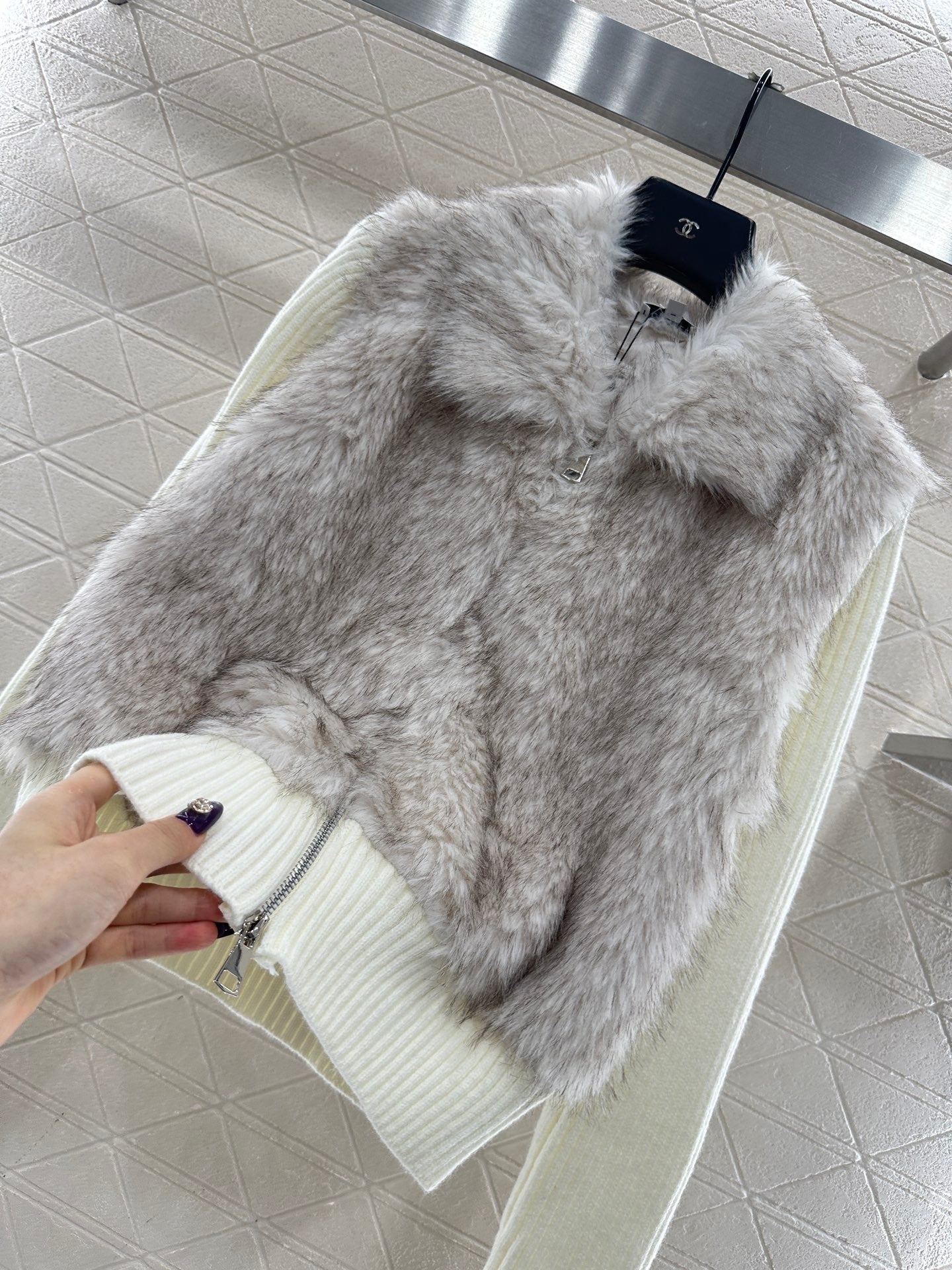 Knitted patchwork lapel fur jacket