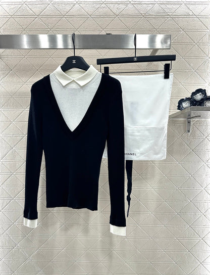 Color blocking fake two-piece knitted top