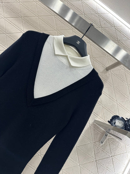 Color blocking fake two-piece knitted top