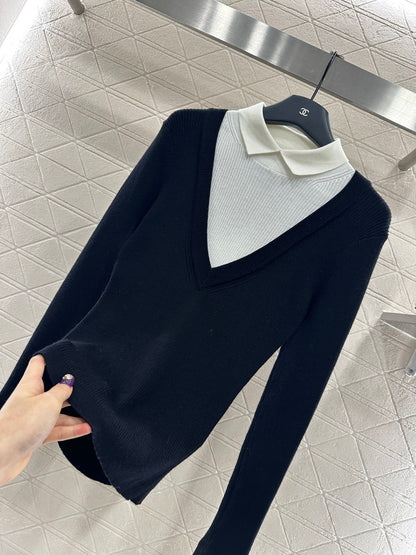 Color blocking fake two-piece knitted top