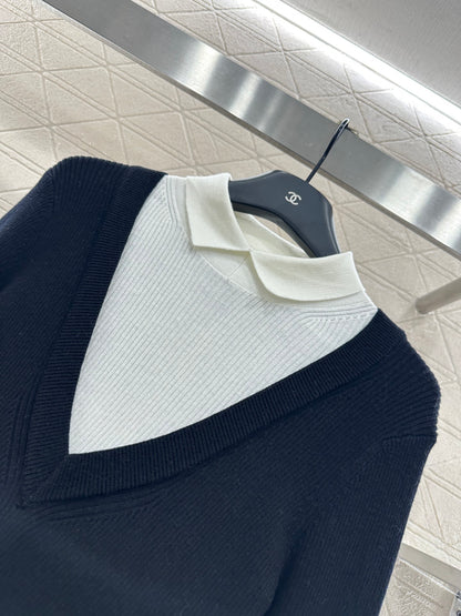 Color blocking fake two-piece knitted top