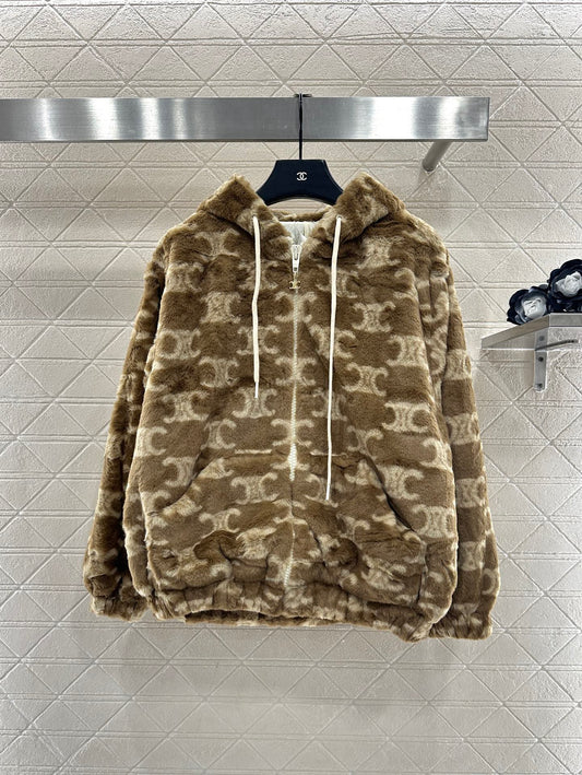 Teddy hooded jacquard zipper jacket