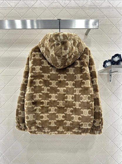 Teddy hooded jacquard zipper jacket