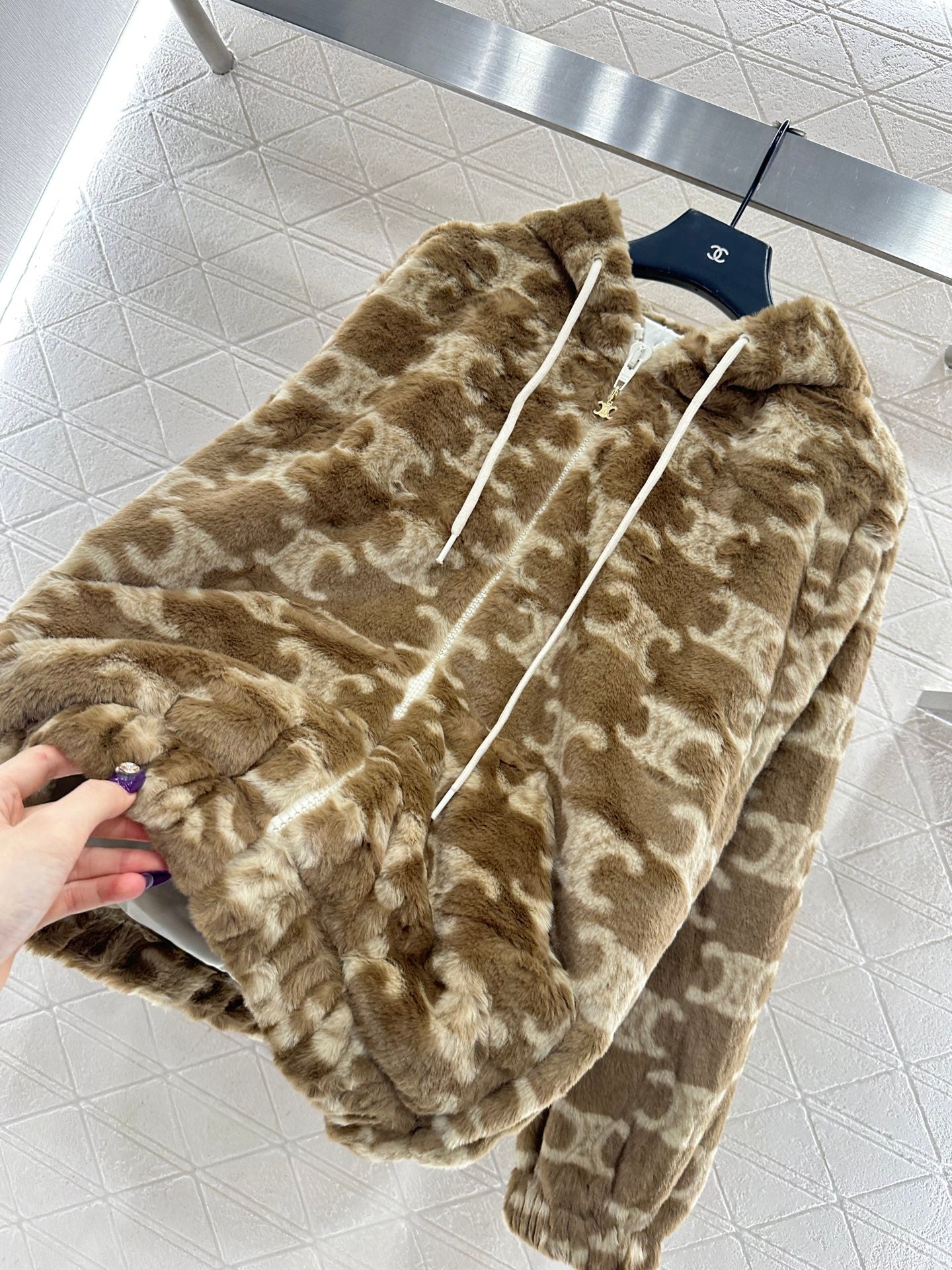 Teddy hooded jacquard zipper jacket