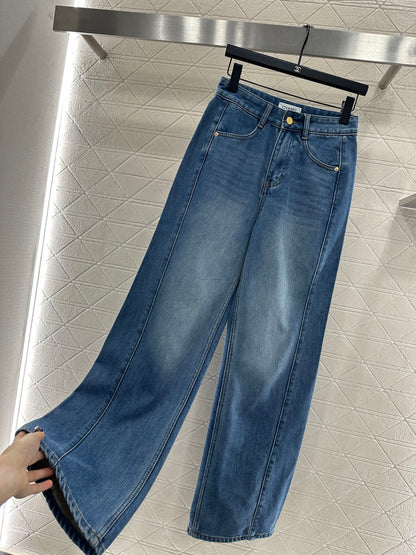 Suede wide leg denim pants