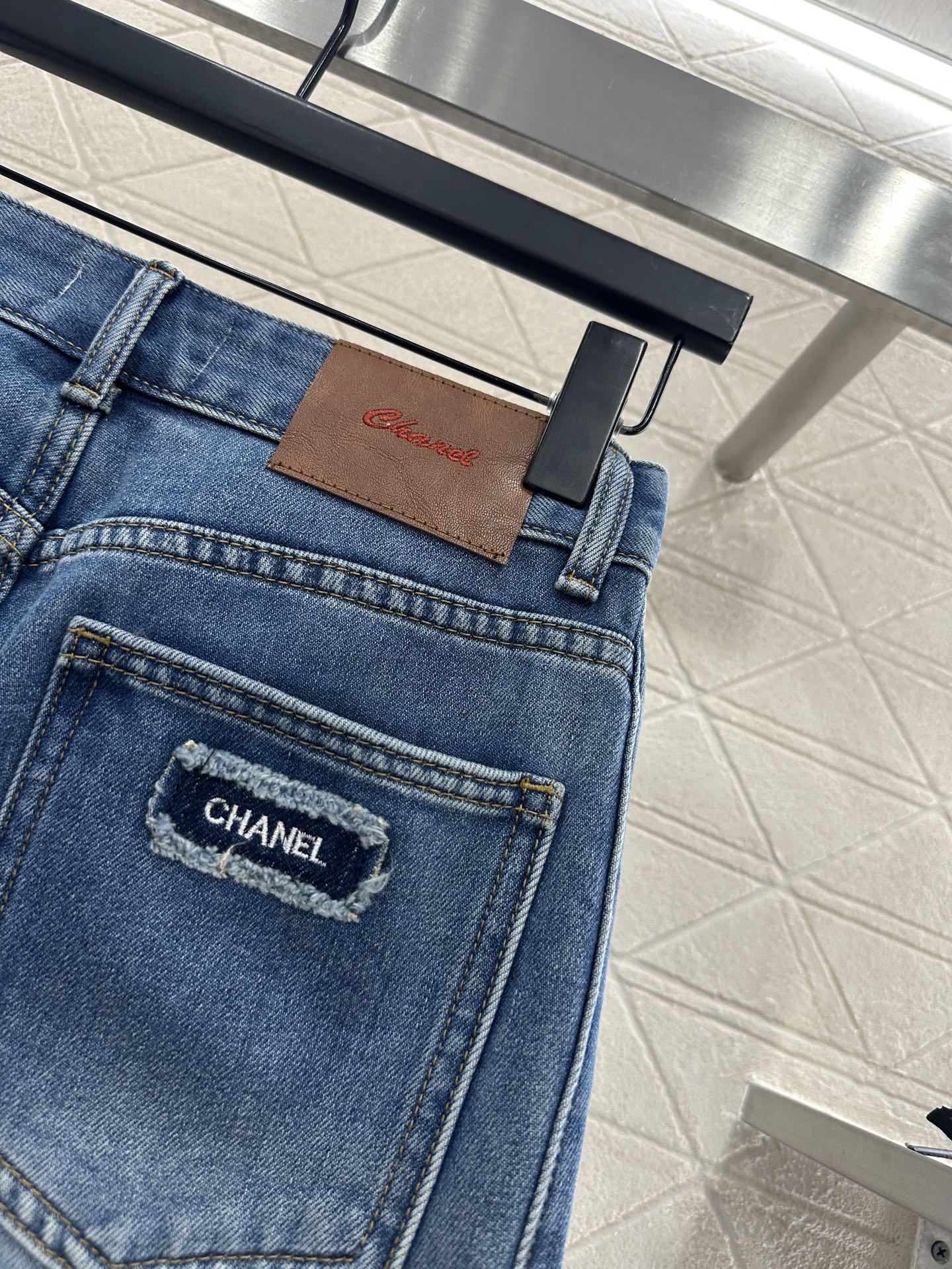 Suede wide leg denim pants