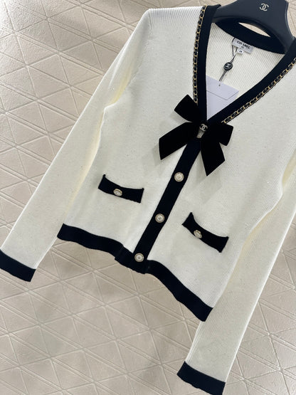 Black and white bow knitted cardigan
