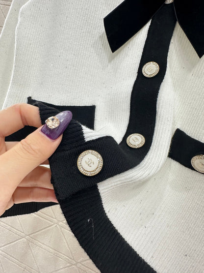 Black and white bow knitted cardigan