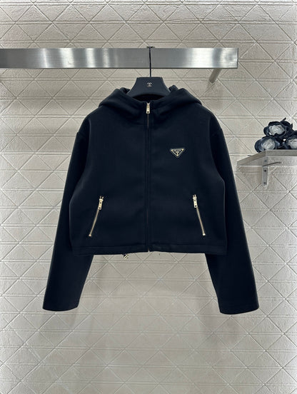 Hooded woolen zipper jacket