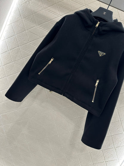 Hooded woolen zipper jacket