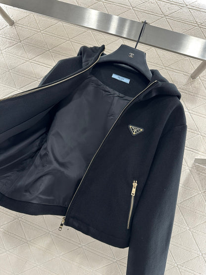 Hooded woolen zipper jacket