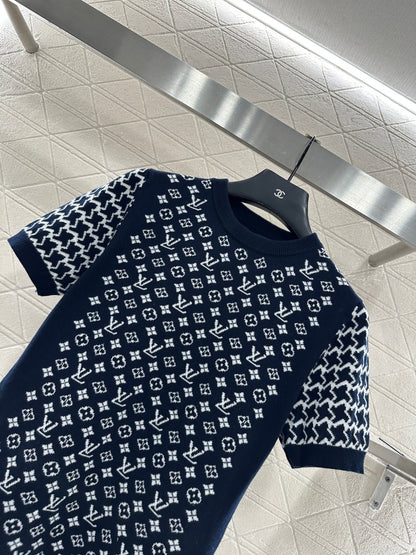 Jacquard round neck short sleeved sweater