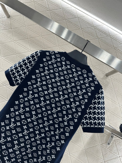 Jacquard round neck short sleeved sweater