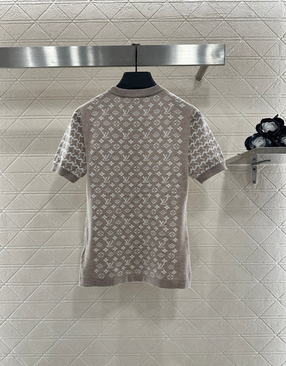 Jacquard round neck short sleeved sweater