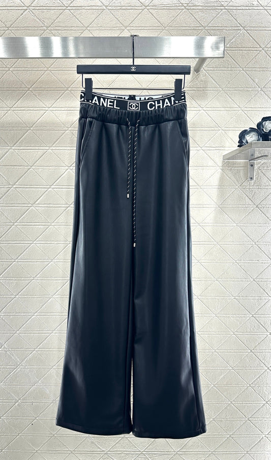 Ribbon drawstring wide leg leather pants