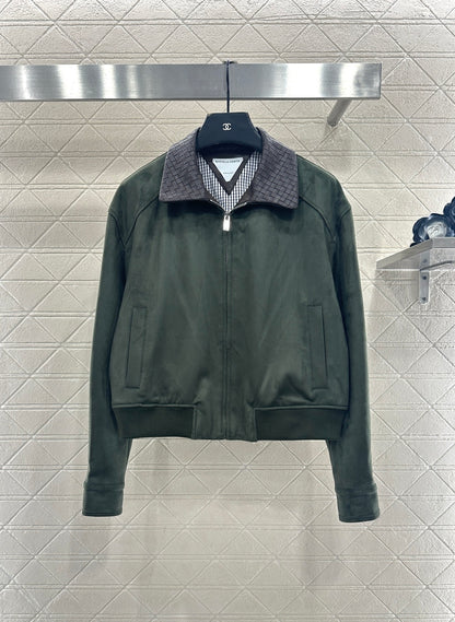 Collar jacket with patchwork leather