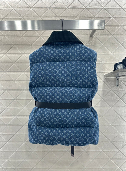 Knitted collar zipper denim down vest