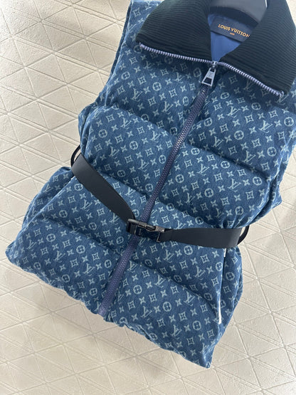 Knitted collar zipper denim down vest