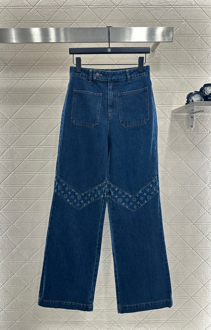 Laser splicing denim straight leg pants