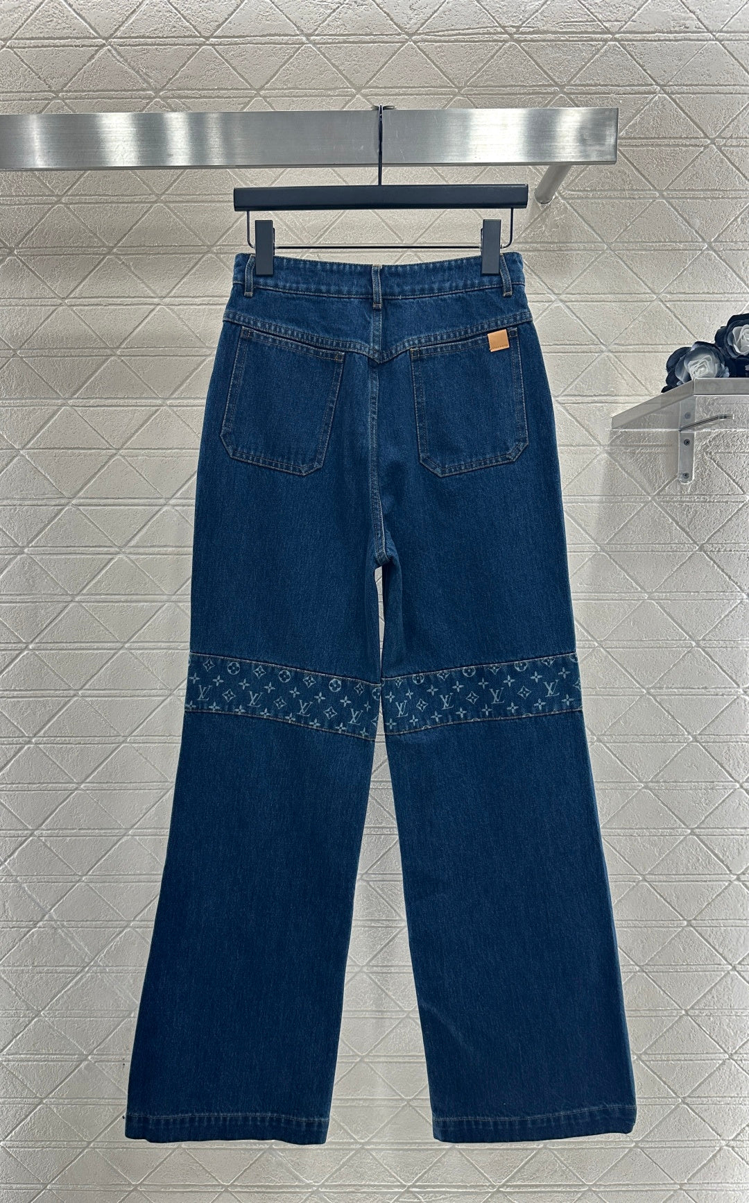 Laser splicing denim straight leg pants